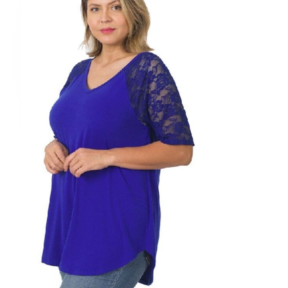 Zenana Women's V-Neck Lace 3/4 Sleeve Round Hem Blouse Top Tunic S-3X B. Blue